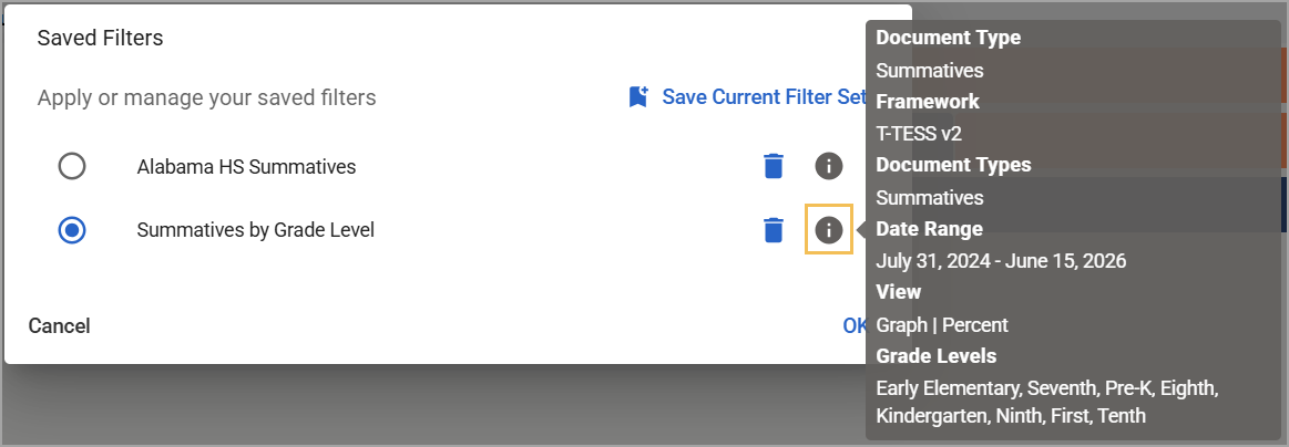 Filter options for managing saved filters and an Information icon that shows additional details.